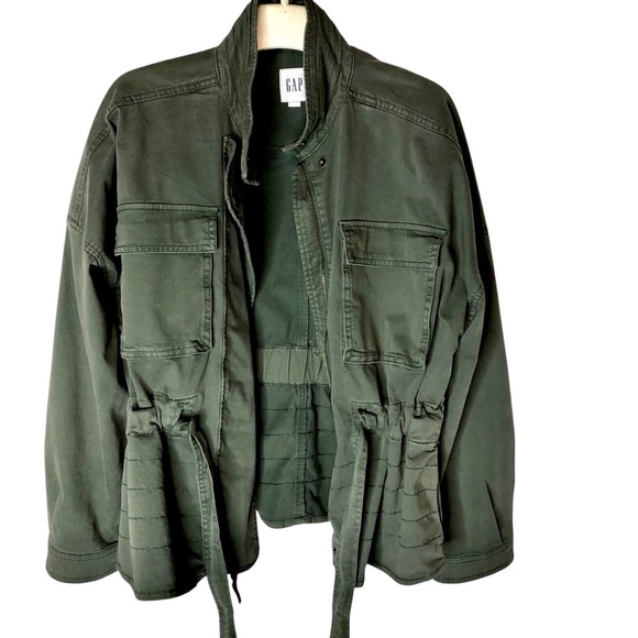Gap Short Trench Coat Jacket Sz S Army Green Utility Tie Waist Casual Grunge - Picture 3 of 9